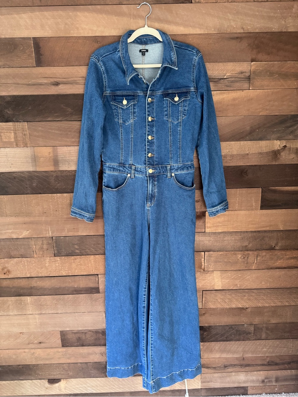 Express Classic Blue Denim Jumpsuit - Women's Long Sleeve Jeans